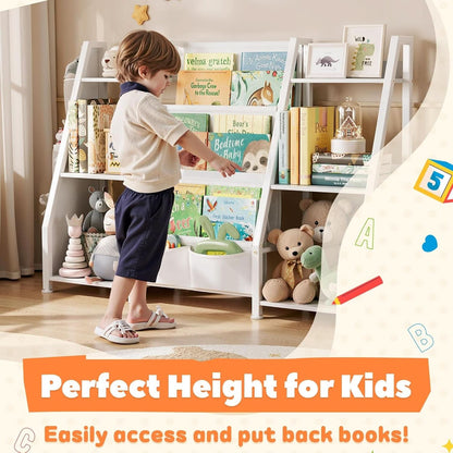 3 Tier Kids Bookshelf Toy Organizer In White Wood And Metal