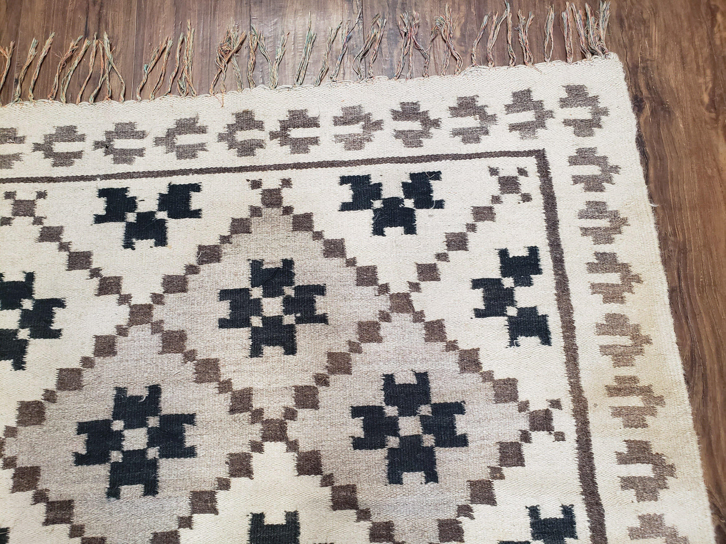 Semi Antique South American Blanket 4x8, Wool Hand-Woven Flatweave Kilim Rug, Handmade Antique Vintage Runner, Ivory & Blue, Diamond Panel