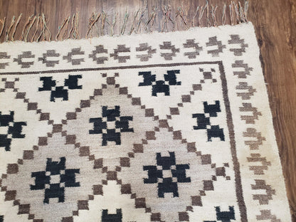 Semi Antique South American Blanket 4x8, Wool Hand-Woven Flatweave Kilim Rug, Handmade Antique Vintage Runner, Ivory & Blue, Diamond Panel