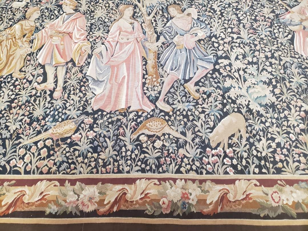 Vintage European Tapestry 5.4 x 7.11, Antique Style European Wall Hanging, Aubusson Weave Handmade Tapestry, Courtship Dating Scene, Animals