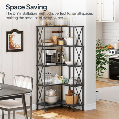 Corner Bookshelf 5 Tier L Shaped Industrial Open Display Shelf Black