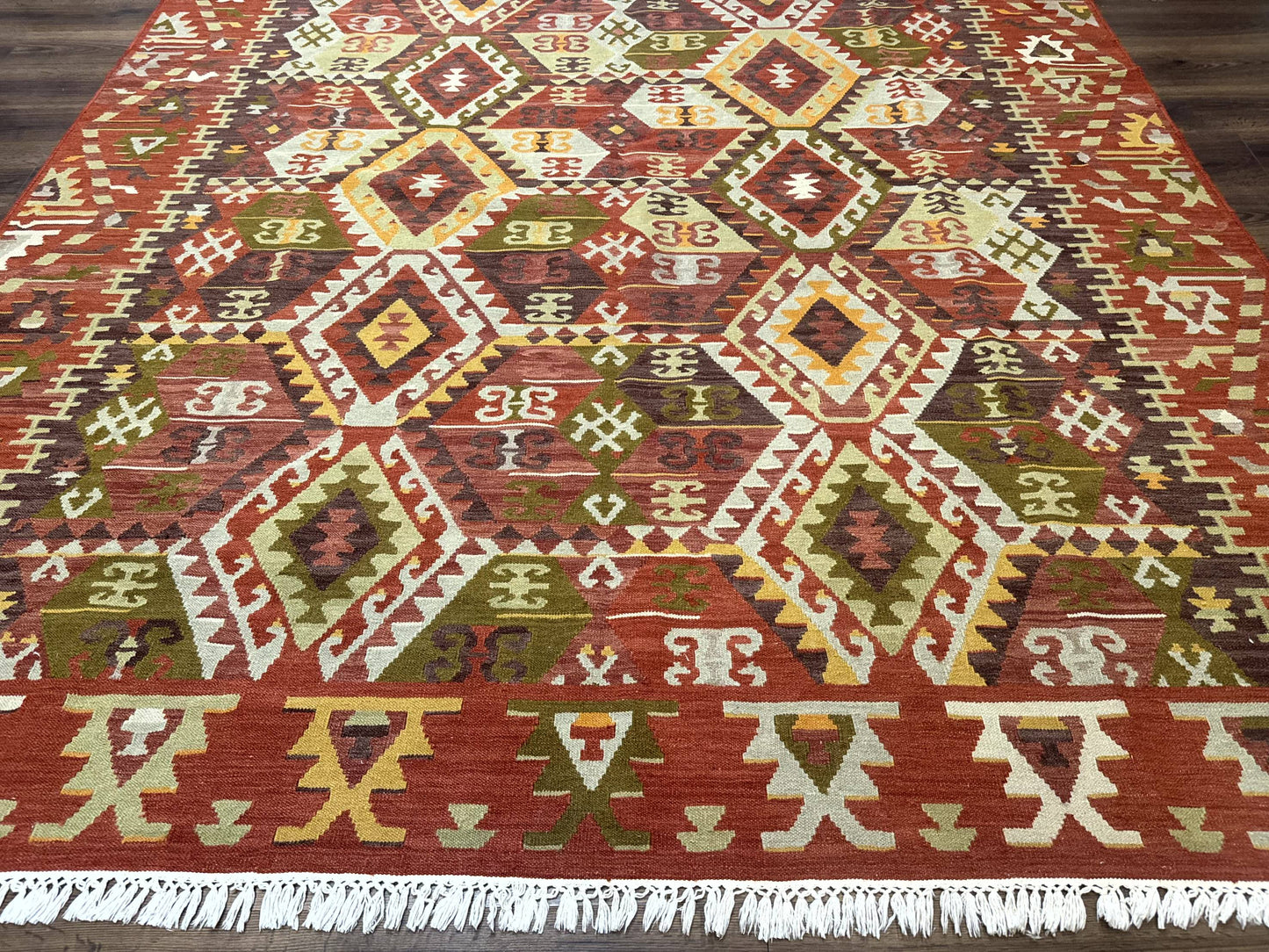 Turkish Kilim Rug 8x10, Geometric Design, Large Kilim Carpet