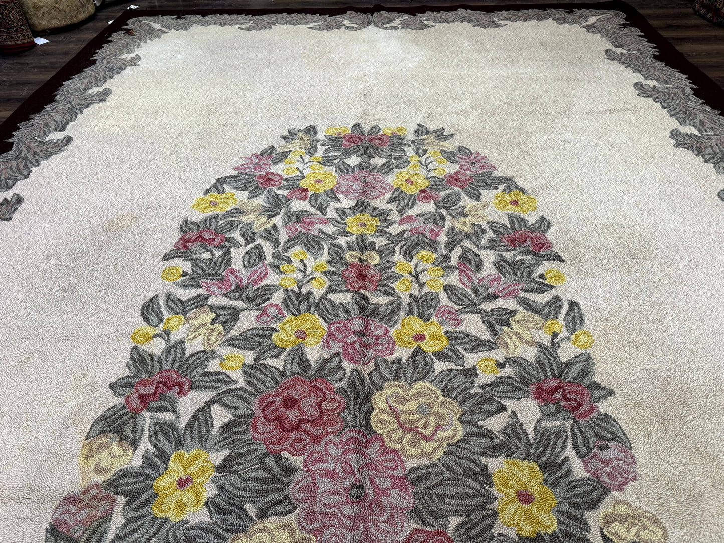 Palace Size American Hooked Rug 11x20 Aubusson Style Ivory