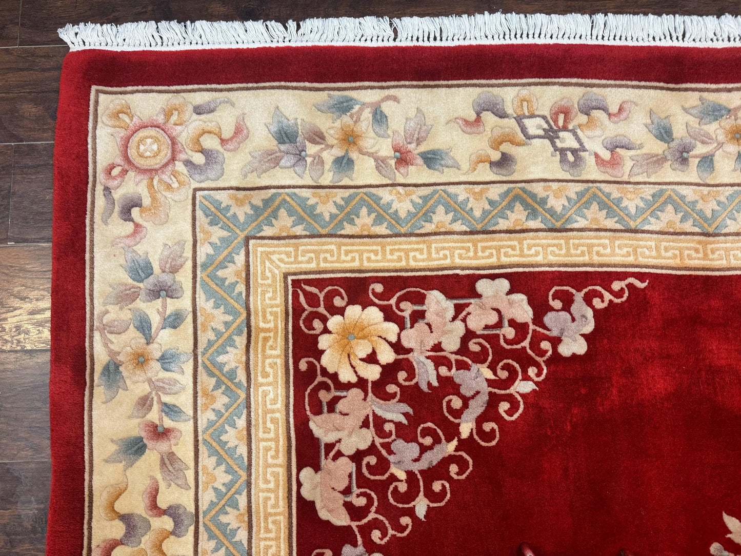 Chinese Wool Rug 8.6 x 11, Red and Beige Asian Oriental Carpet, Plush Pile, Vintage Handmade Chinese Carving Sculpted Rug, Semi Open Field