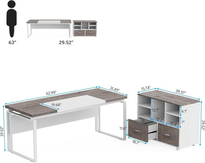 63 Inch L Shaped Desk Gray White With Reversible File Cabinet