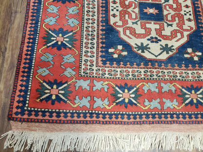 Turkish Kazak Rug 5x6 Vintage Handmade Wool Carpet Geometric Blue Red