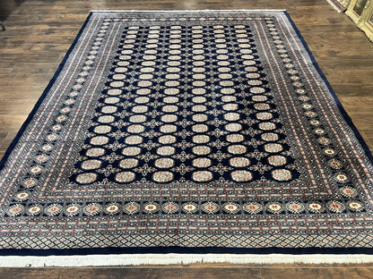 Pakistani Bokhara Rug 8x10, Turkoman Carpet, Dark Blue and Beige, Vintage Handmade Wool Carpet