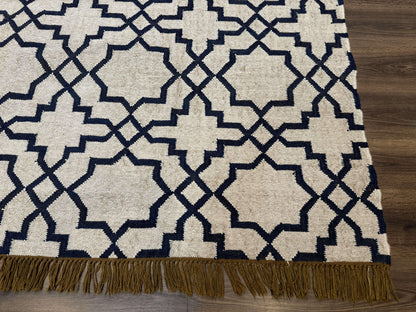 Indian Kilim Rug 8x10, Oat and Navy Blue, Dhurrie Carpet, Handmade, Wool