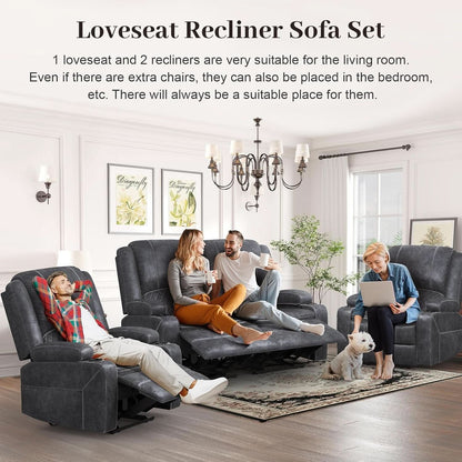 Grey Leather Reclining Loveseat Sofa Set With Console And Two Chairs