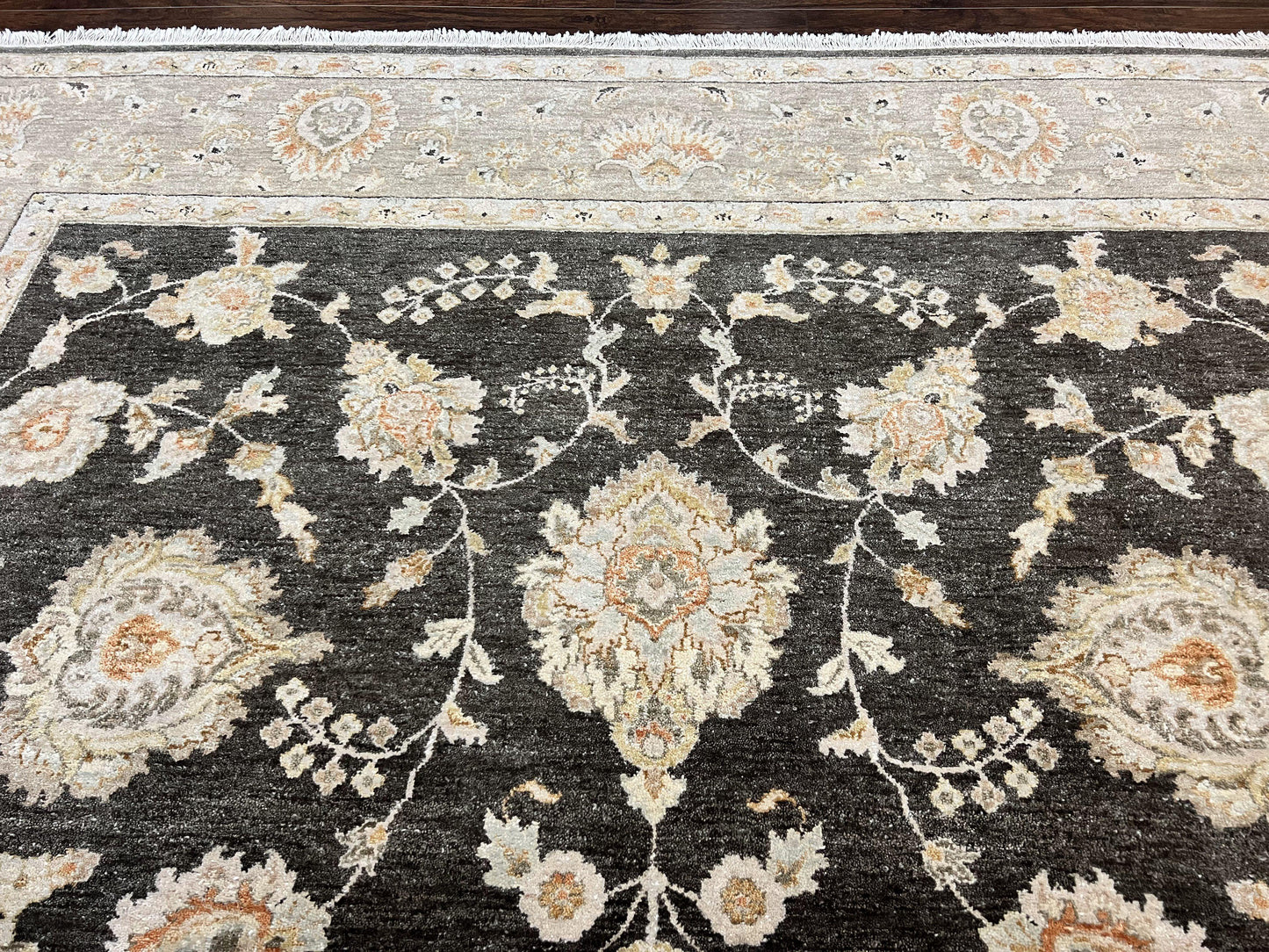 Indo Persian Rug 9x12, Sultanabad Indian Carpet, Dark Brown, Hand Knotted Vintage Wool Rug