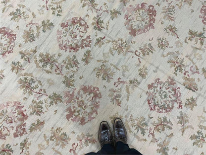 9x12 Flatweave Aubusson Needlepoint Rug, New, Beige, Tan, Green, Handmade, Hand-Knotted Area Rug, French European Carpet, Flowers