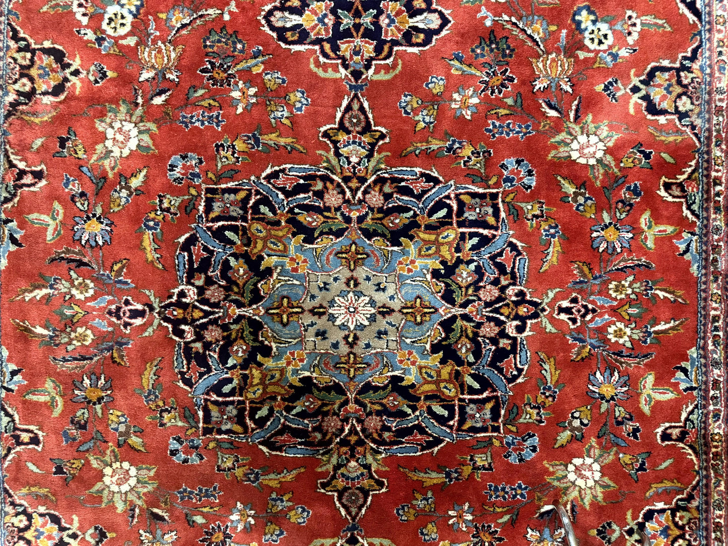 Indo Persian Rug 7x10, Vintage Handmade Wool Carpet, Floral Medallion Traditional Rug, Red and Midnight Blue