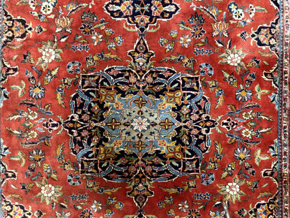 Indo Persian Rug 7x10, Vintage Handmade Wool Carpet, Floral Medallion Traditional Rug, Red and Midnight Blue