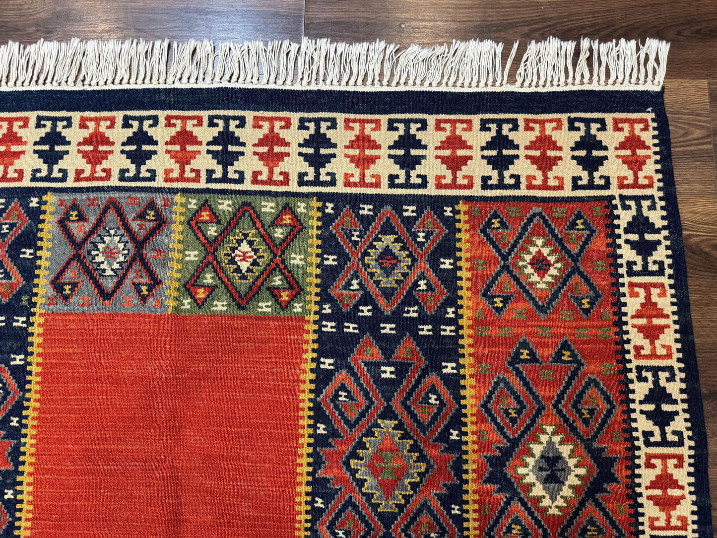 Turkish Kilim Rug 5x8, Flatweave Carpet, Handmade Bohemian Rug, Terracotta and Navy Blue