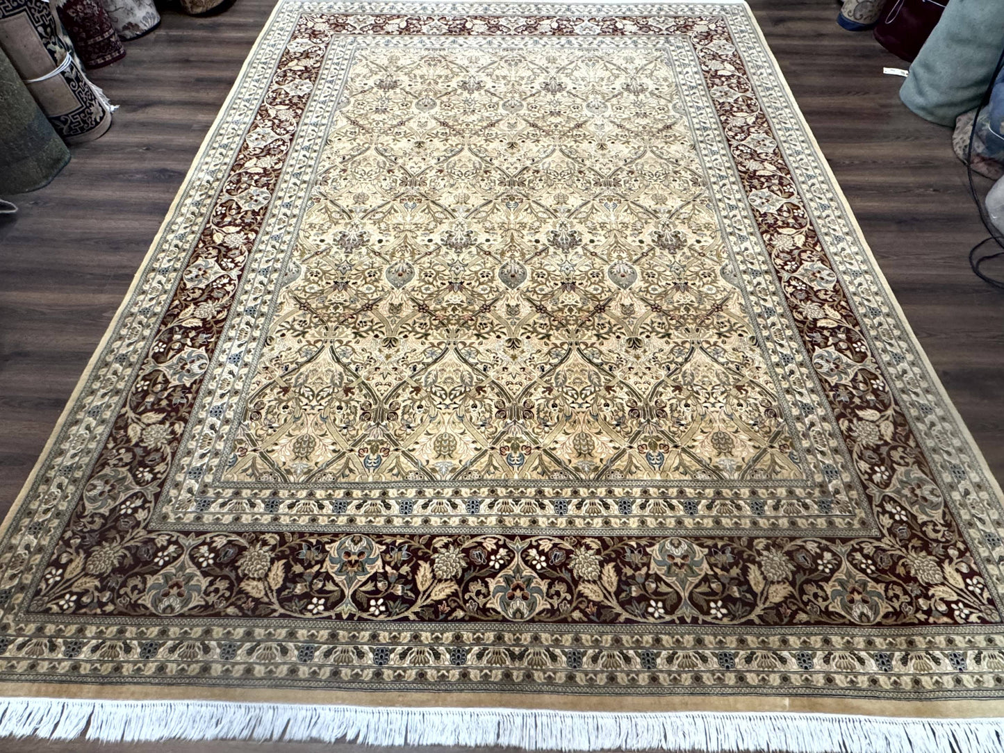 Fine Pak Persian Rug 9x12, Gold and Wine Red, Panel Design, 330 KPSI