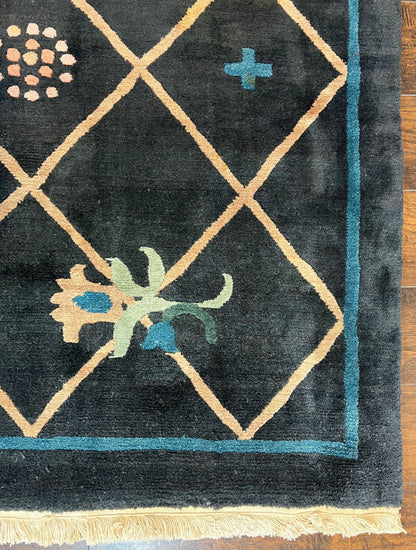 Tibetan Rug 9x12, Hand Knotted Tibet Nepali Contemporary Carpet 9 x 12 ft, Black and Tan, Handmade Area Rug Room Sized, Nepalese Rug