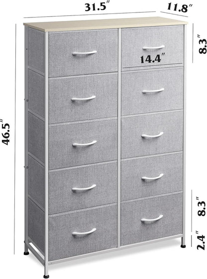 Light Grey Tall Dresser With 10 Drawers For Bedroom Storage