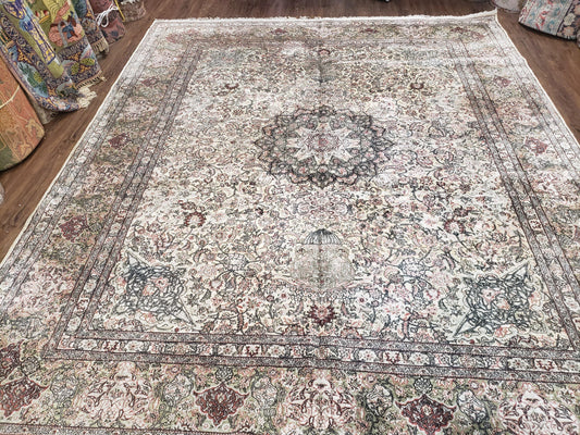 Vintage Indian Room Sized Silk Rug 8x10, Indo Kashmiri Carpet, Hand-Knotted Persian Oriental Carpet, Floral Medallion Allover Pattern, Ivory