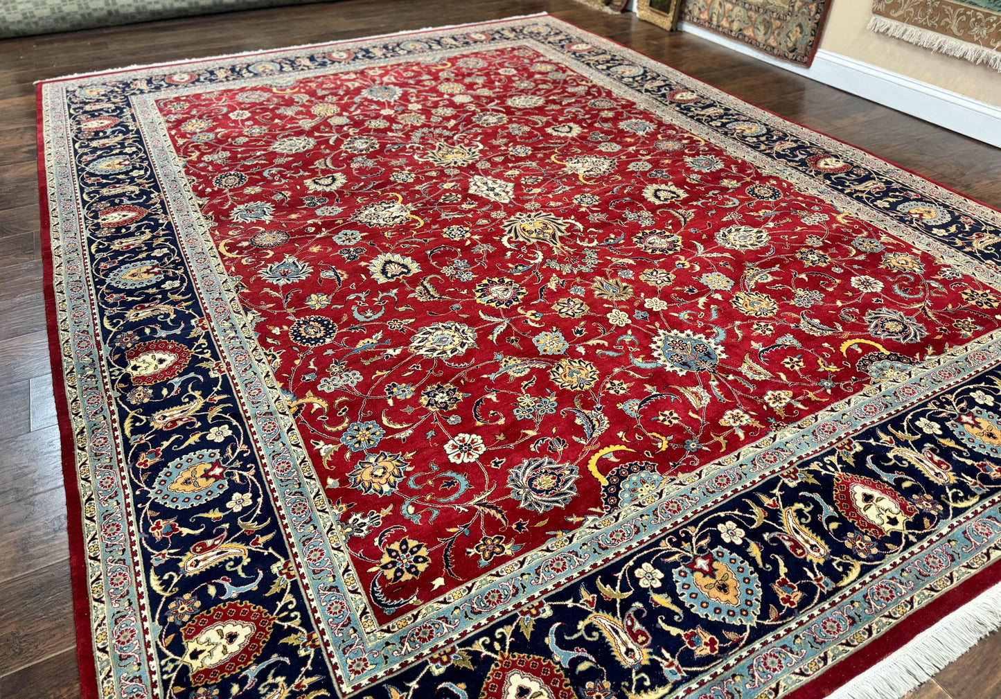 Pak Persian Rug 9x12, Red and Navy Blue, Floral Allover, Hand Knotted Vintage Wool Carpet, Fine 260 KPSI