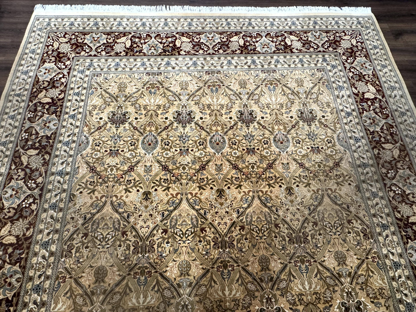 Fine Pak Persian Rug 9x12, Gold and Wine Red, Panel Design, 330 KPSI