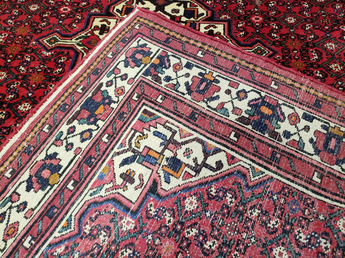 Vintage Persian Hamedan Rug 7x10, Angelas Mahi Pattern, Red, Wool, Hand-Knotted