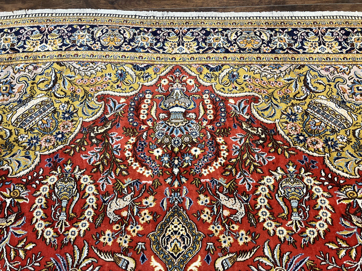 Wonderful Persian Qum Rug 10x14, Wool w/ Silk Highlights, Hand Knotted Semi Antique Vintage Carpet, Red, Floral, Fine Weave, Birds Deer Pictorials