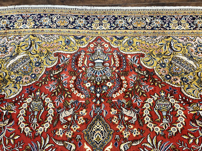 Wonderful Persian Qum Rug 10x14, Wool w/ Silk Highlights, Hand Knotted Semi Antique Vintage Carpet, Red, Floral, Fine Weave, Birds Deer Pictorials