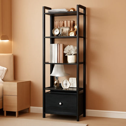 5 Tier Bookshelf With Drawer Black In Modern Rustic Style