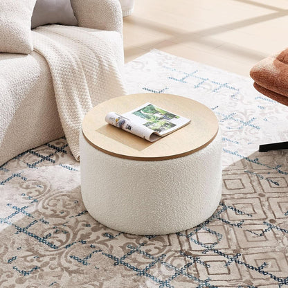 Circular Storage Ottoman With Wooden Lid Upholstered