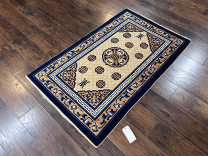 Chinese Peking Rug 3x5, Antique Chinese Art Deco Carpet, Blue Ivory Tan, Hand Knotted Wool Asian Oriental Rug 3 x 5 Vintage Small Peking Rug