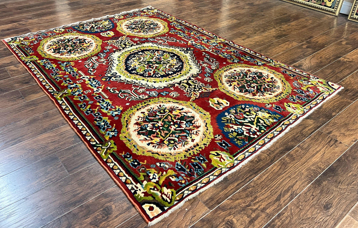 Persian Bakhtiari Rug 5x8, Wool Hand Knotted Antique Carpet, Red, Floral Oriental Rug, 5 x 8 Medium Sized Rug