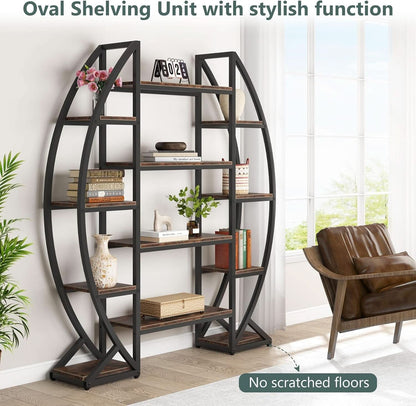 Oval 55 Inch Brown Industrial Display Etagere Bookcase