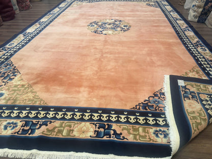 Chinese Wool Rug 11x18, Palace Sized Chinese Carpet, Peking Rug, Peach and Blue, Open Field, Simple Design, Art Deco Rug, Large Handmade Rug