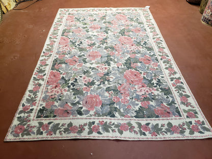 5x8 Needlepoint Rug 5' 4" x 8' 3" Wool Flat Weave Floral New Unused Carpet English Design Ivory Large Pink Flowers Green Leaves Hand-Knotted