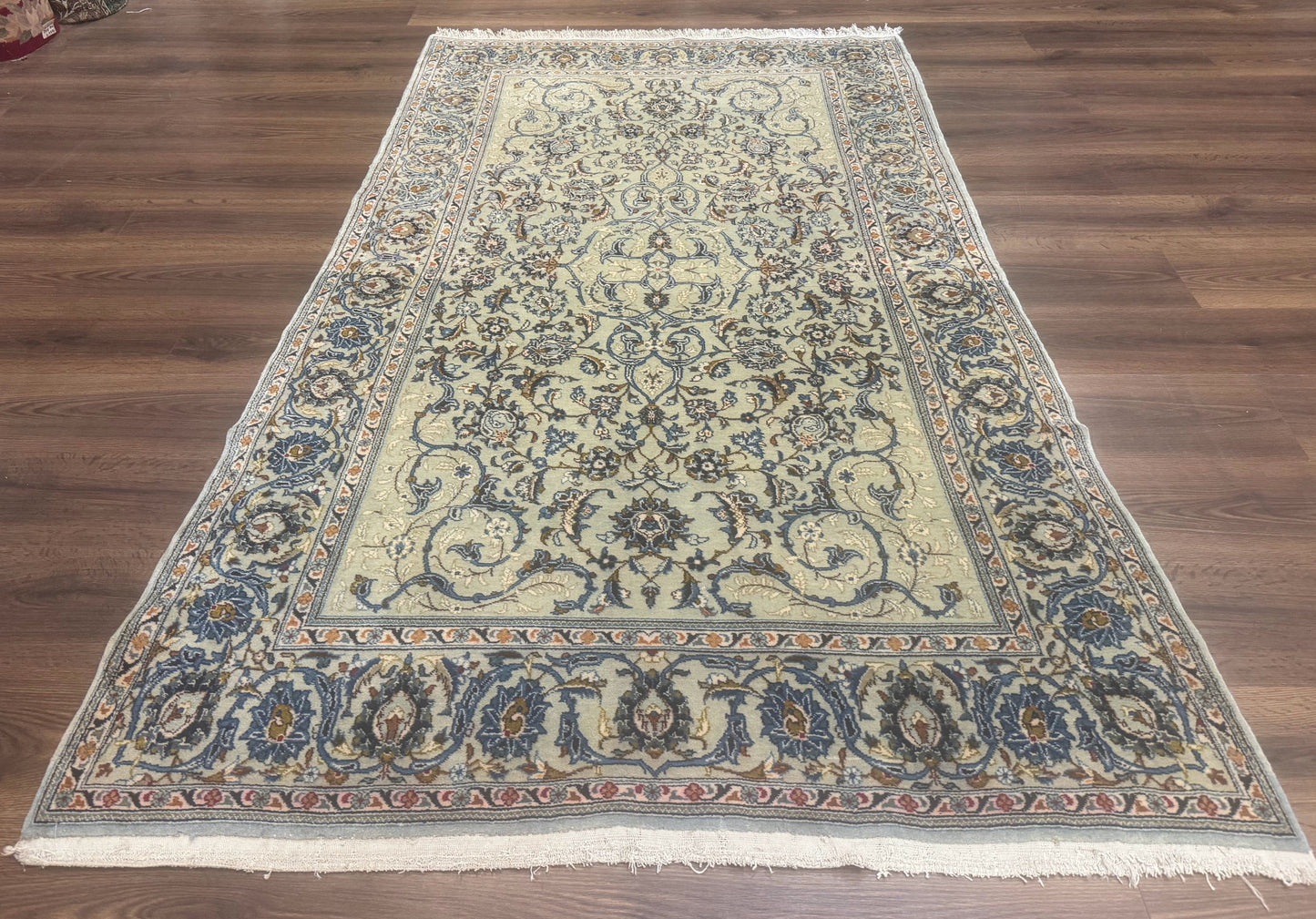 Persian Kashan Rug, Unique Colors, 225 KPSI, Light Green and Light Blue