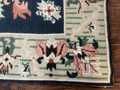 Vintage American Needlepoint Rug 4x6, Dark Green, Wool, Handmade, Flatweave Carpet