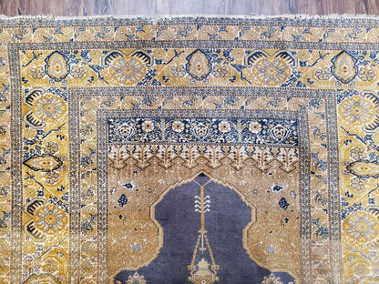 Rare Turkish Ghiordes Prayer Rug 4 x 5.8 ft, Late 19th Century Turkish Oriental Carpet, Mehrab Antique Prayer Rug, Museum Quality, Blue, Tan
