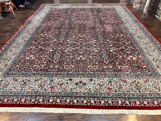 Pak Persian Rug 11x15, Wool & Silk Highlights Hand Knotted Vintage Carpet, Red Cream, Floral Allover, Oversized Kirman Rug