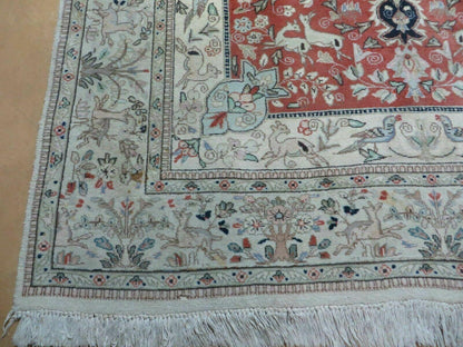 6' X 9' Vintage Handmade India Oriental Floral Wool Rug Hunting Bird Deer Nice