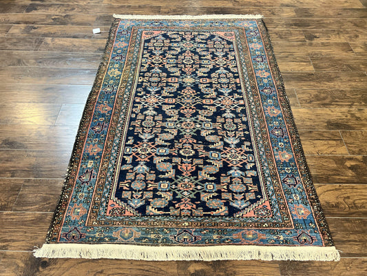 Antique Persian Tribal Rug 5x7, Navy Blue & Pink, Hand Knotted Handmade 1920s Wool Rug, Allover Pattern, Persian Hamadan Rug