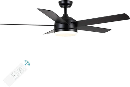 52 Inch Black Ceiling Fan With Dimmable 3 Color LED Lights And Remote