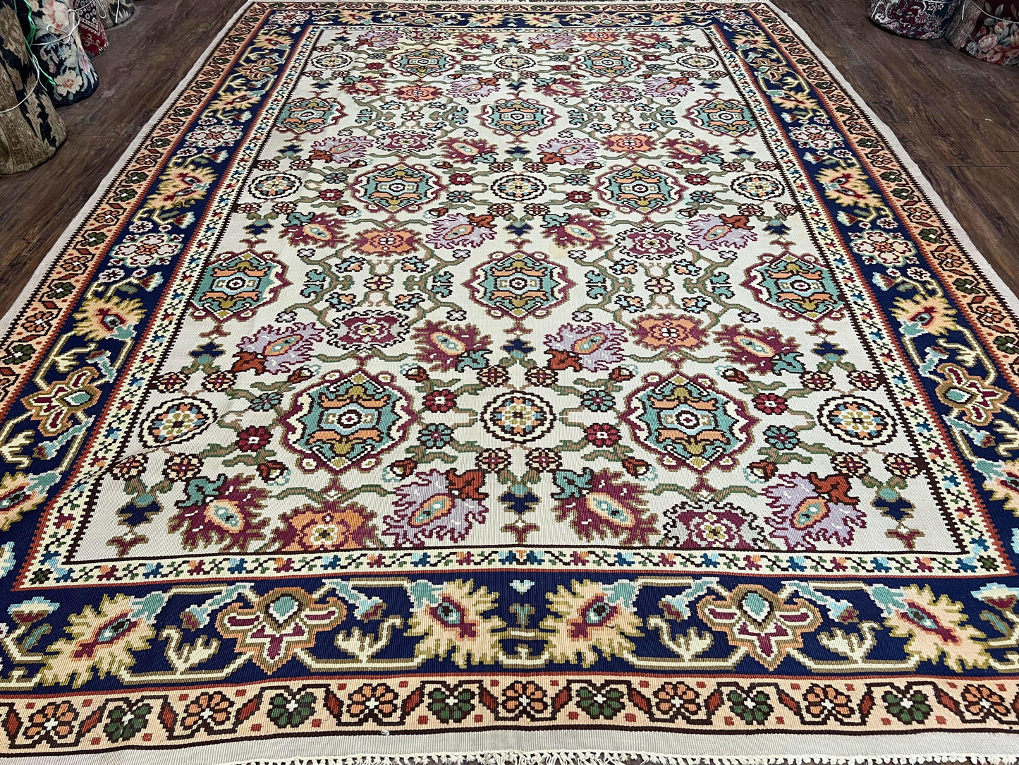 Antique Turkish Kilim Rug 7x10 Allover Pattern, Ivory Cream Maroon Light Blue, Wool Flatweave Hand Woven, Large Kilim, Vintage Kilim Carpet