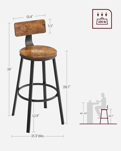 Bar Stools Set Of 2 Counter Height 28.7 Inch With Back Rustic Brown And Black