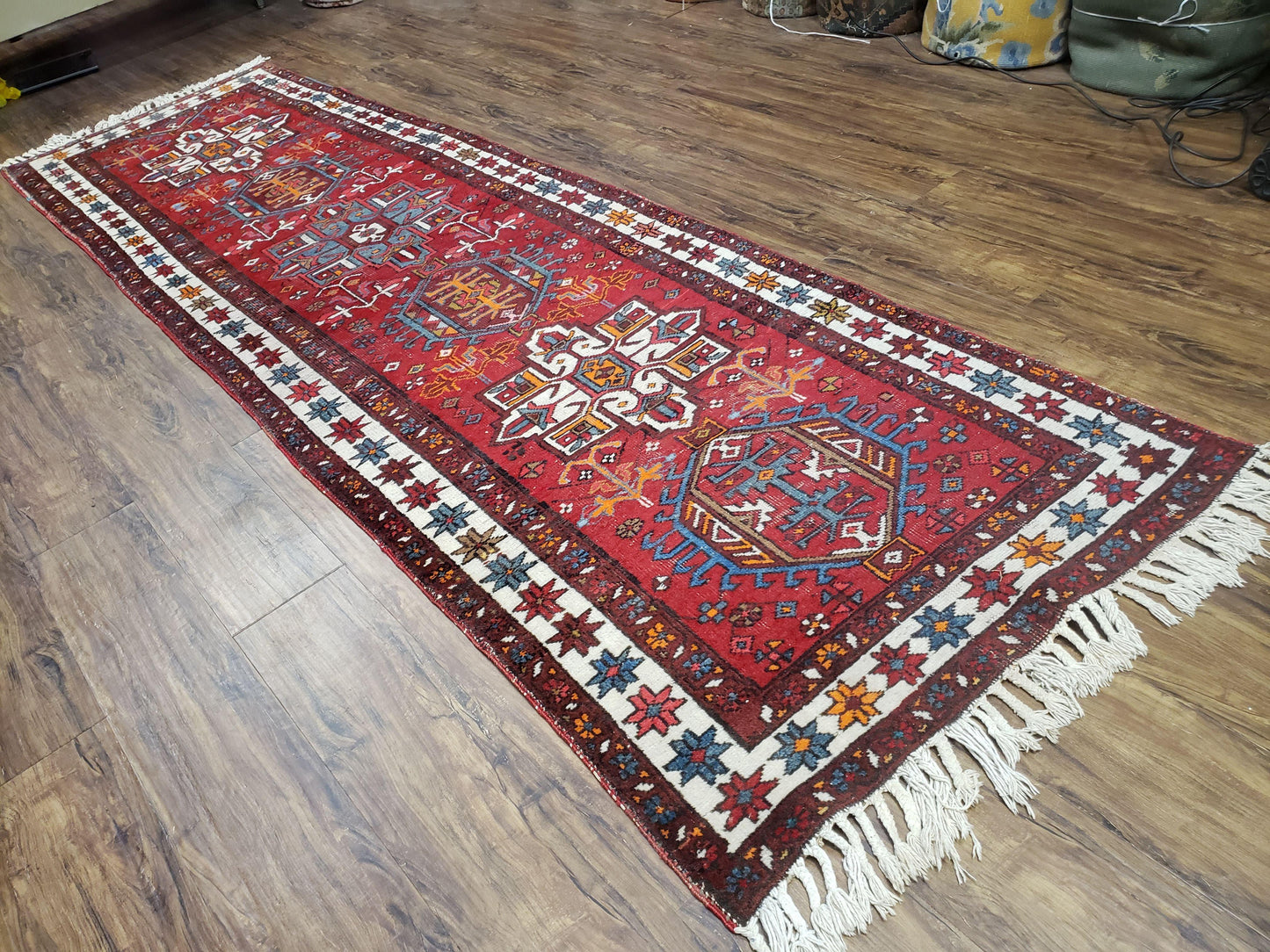 Antique Persian Heriz Karajeh Runner Rug, Red, Hand-Knotted, Wool, 3' 3" x 10' 11"