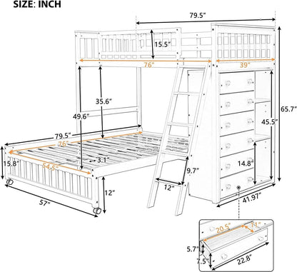 Espresso Twin Over Full Bunk Bed With Six Drawers Shelves