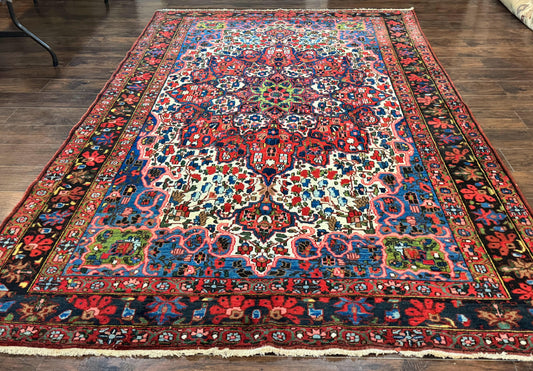Persian Bakhtiari Rug 7x10, Antique Persian Carpet, Colorful, Great Colors, Ivory Red Blue, Rare Tribal Rug