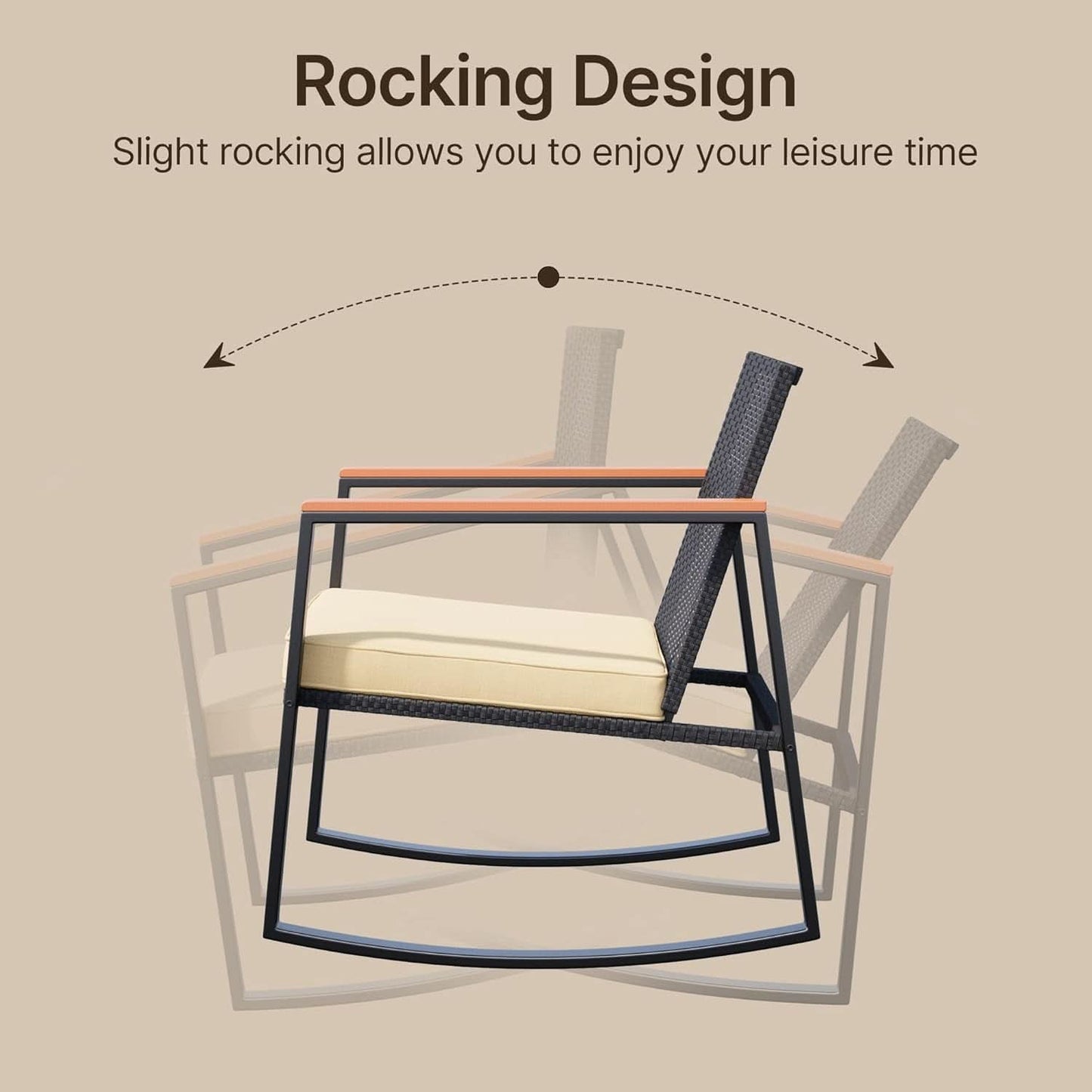 3 Piece Rocking Patio Bistro Set With Anti Scald Armrests Glass Table Cushions Outdoor Wicker Furniture