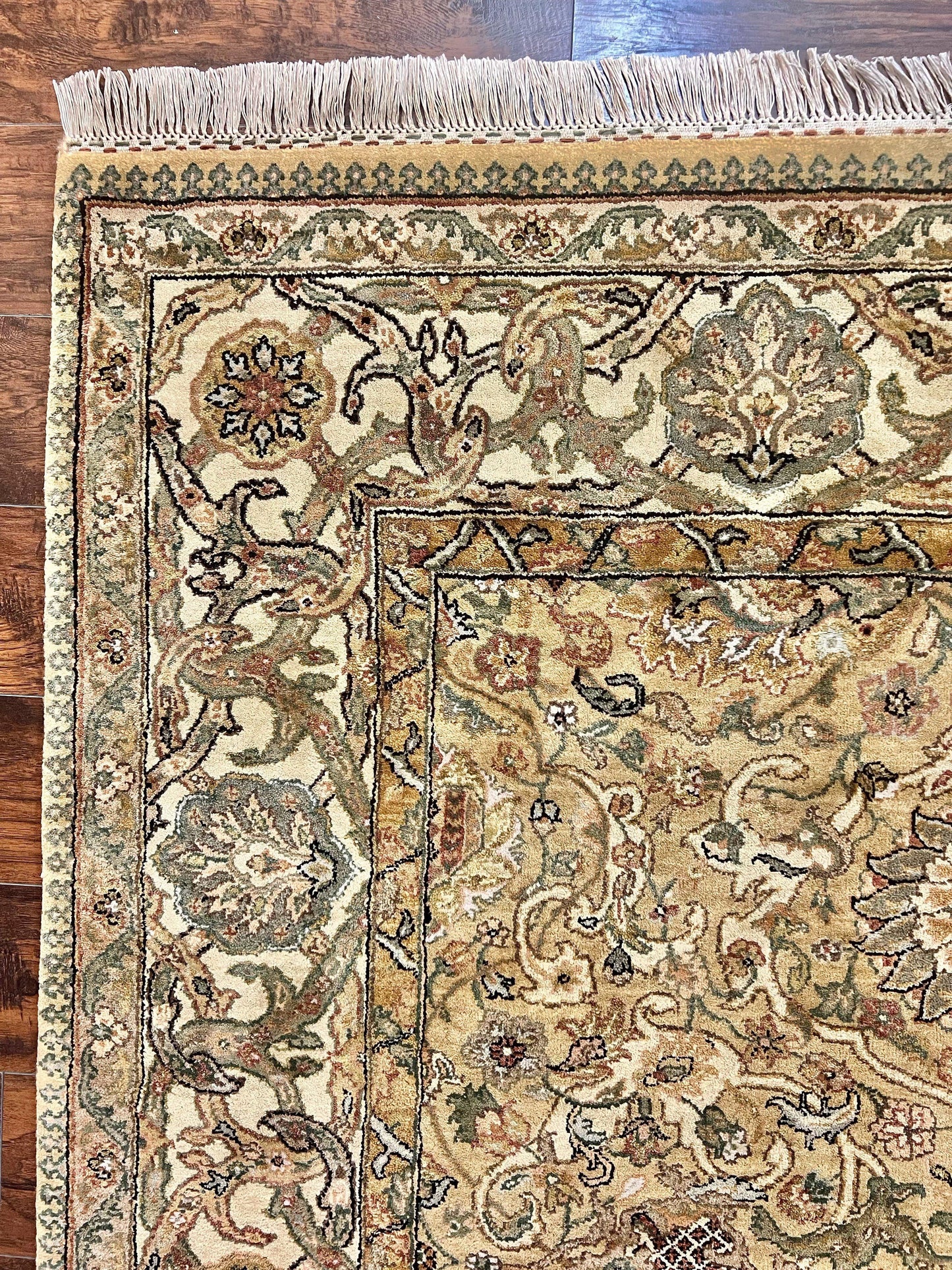 Indo Mahal Rug 8x10, Indian Jaipur Rug 8 x 10 ft, Wool Indo Persian Carpet, Handmade Traditional Floral Area Rug, Olive Green, Vintage Rug