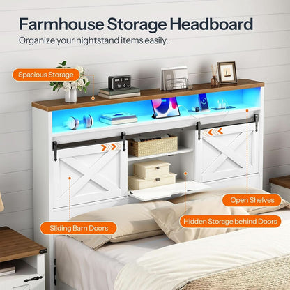 Farmhouse Queen Headboard with Storage and Charging Station
