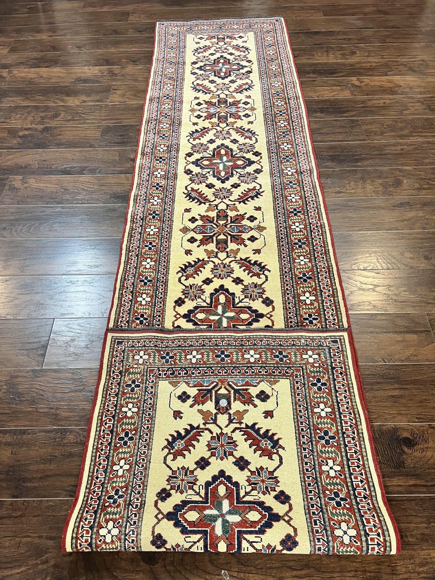 Afghan Heriz Runner Rug 2.9 x 12, Vintage Hand Knotted Persian Carpet for Hallway, 12ft Runner, Wool, Cream